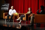 Photo of David Masumoto (left), Alice Waters (middle), and Raj Patel (right in profile) at "Food and Hunger: Eating in America" in 2009 at Black Mountain Institute. by Black Mountain Institute