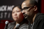 Photo of Junot Diaz (foreground) and Yiyun Li (background) during Black Mountain Institute event: "Blurring Boarders" in April 2010. by Black Mountain Institute